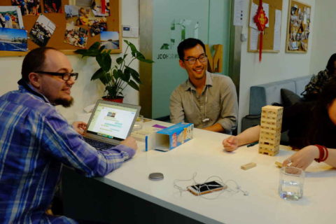 James playing Jenga in Shanghai