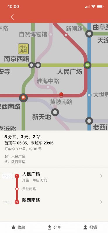 From People's Square to Shaanxi South Road. The trip will take 5 minutes, cost 3 RMB, and take 2 stops.